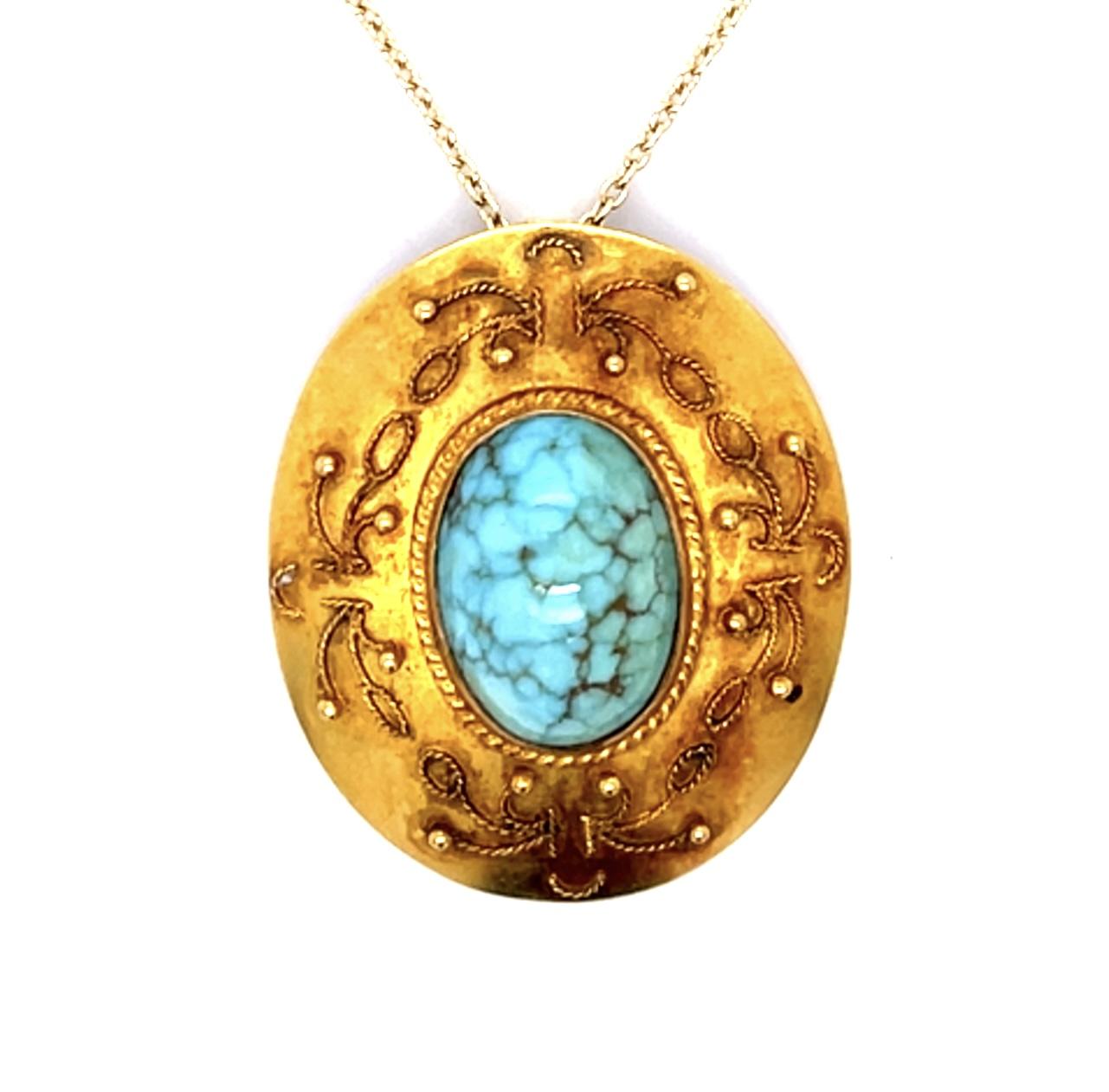 Victorian Etruscan Revival Persian Turquoise (No Cert) 14KY Pendant (1870s)