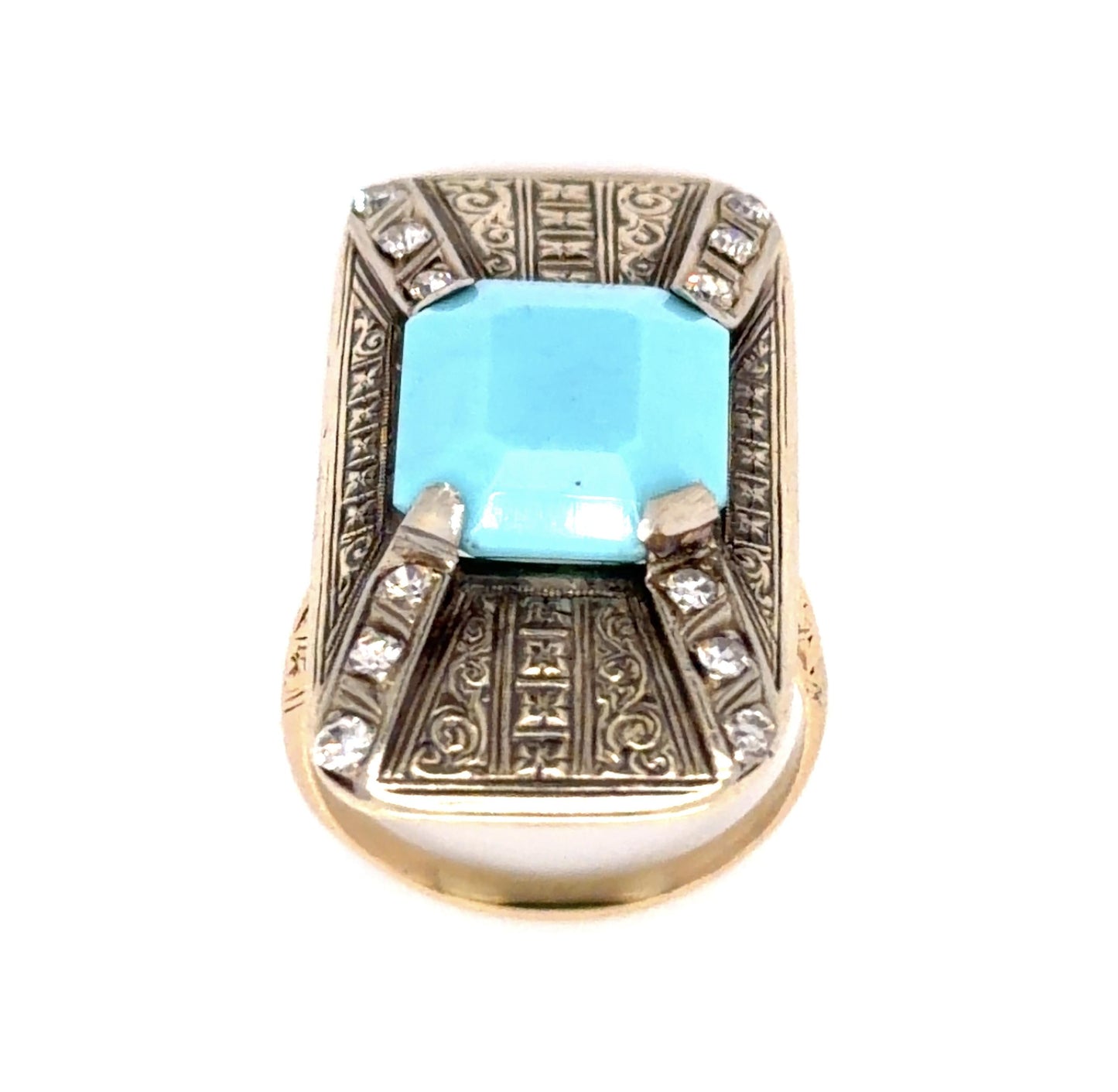 Art Deco Turquoise + .20ct Single cut Diamond 14KY Ring (Antique 1920s)
