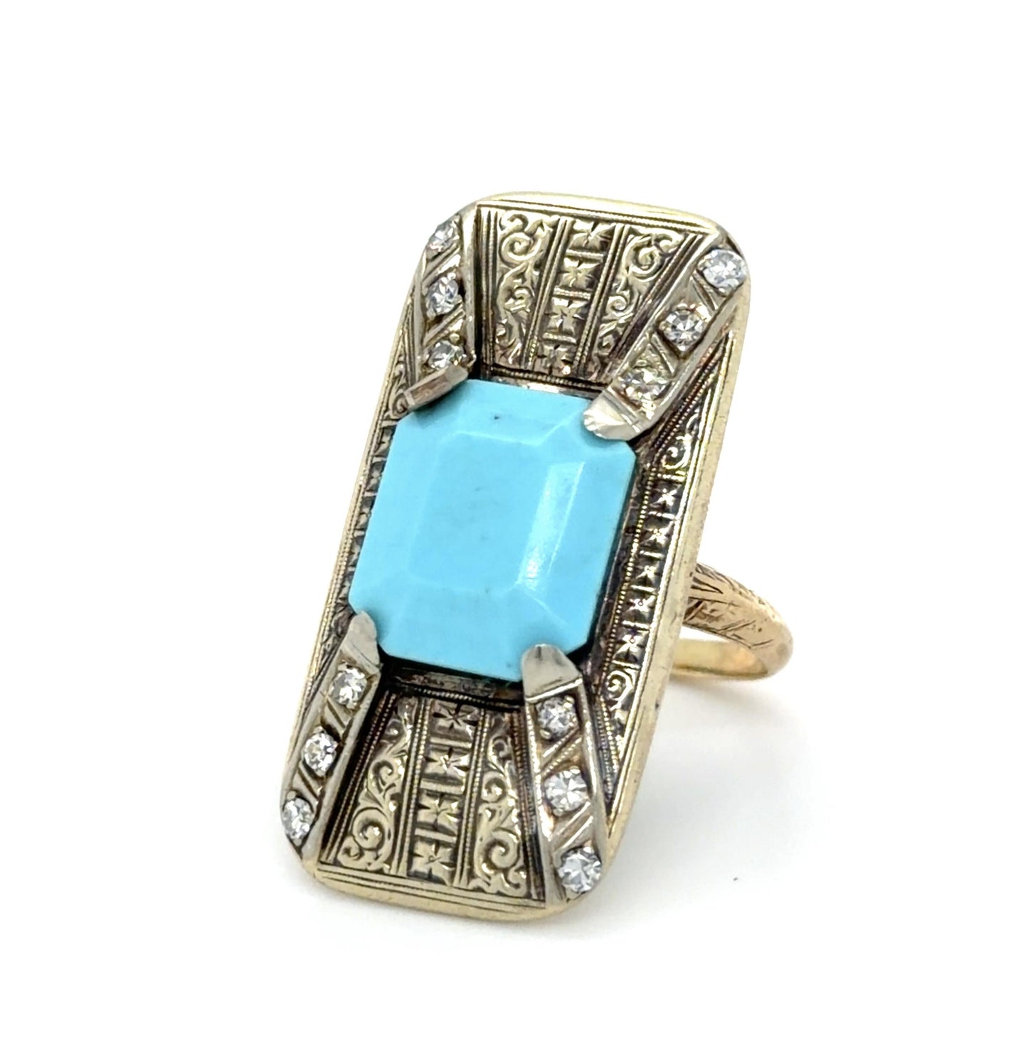 Art Deco Turquoise + .20ct Single cut Diamond 14KY Ring (Antique 1920s)