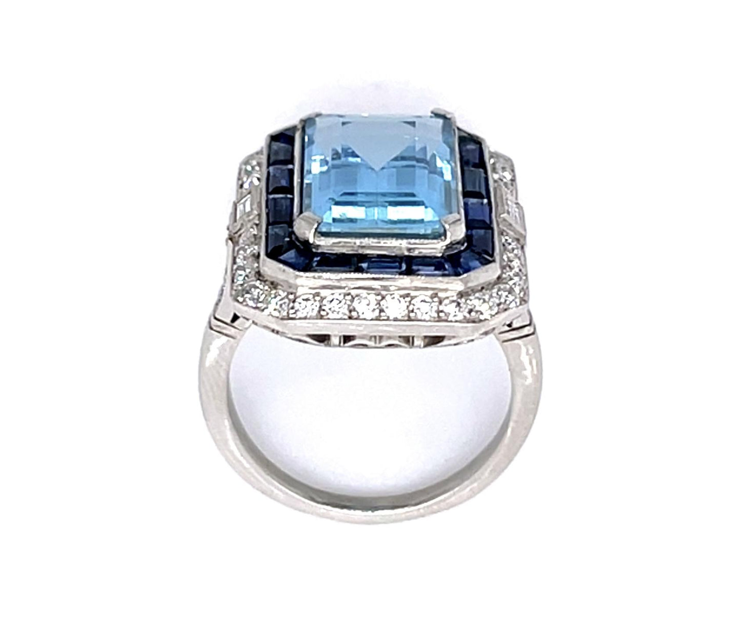 6.13ct Aquamarine 1.65ct Sapphire .72ct European Dia Platinum Handmade Ring