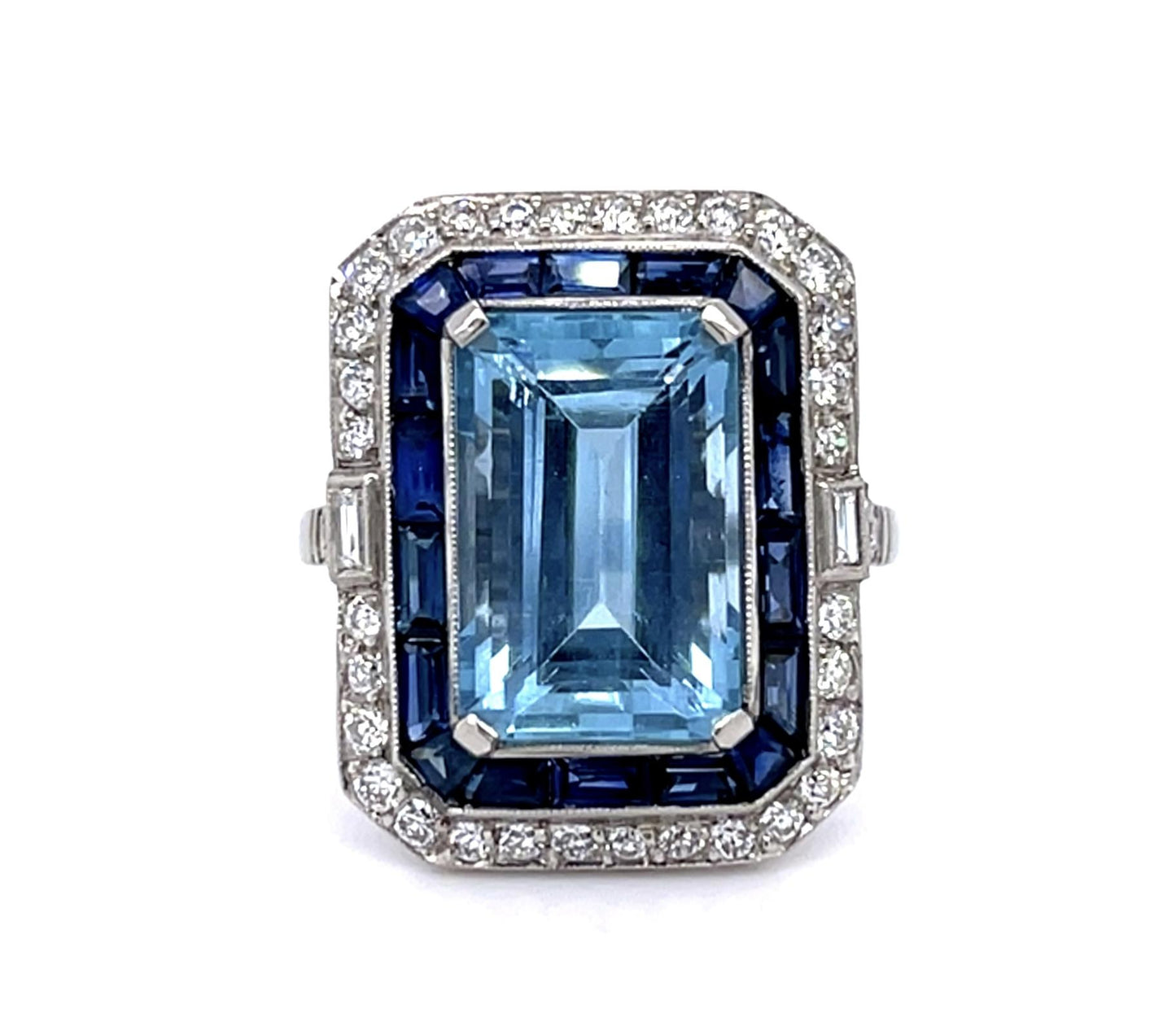 6.13ct Aquamarine 1.65ct Sapphire .72ct European Dia Platinum Handmade Ring