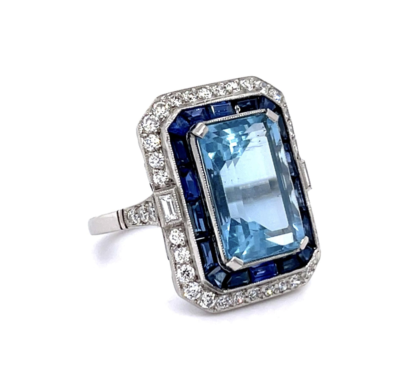 6.13ct Aquamarine 1.65ct Sapphire .72ct European Dia Platinum Handmade Ring