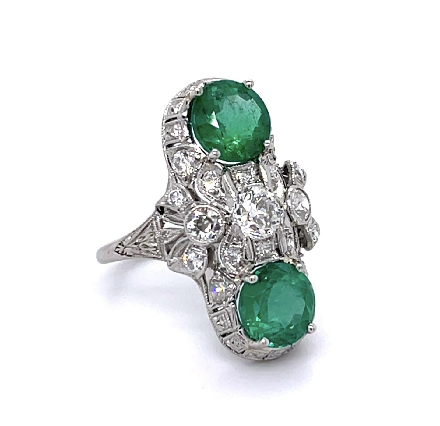 Art Deco 3.15ct Emerald .40ct Center Diamond Platinum Ring (Antique 1920s)