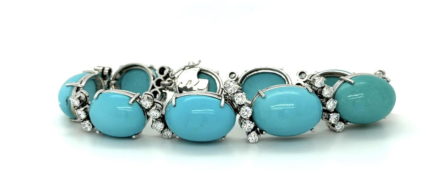 70ct Turquoise 4.40ct Diamond 18KW Bracelet (Vintage 1960s)