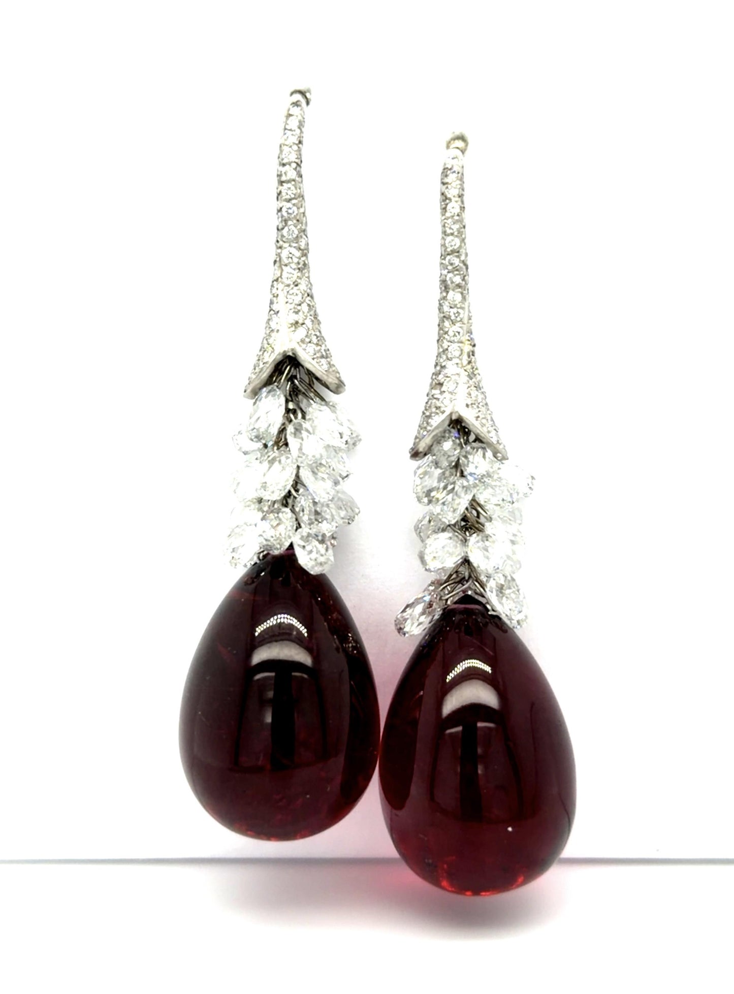 40ct Cabochon Rubelite Tourmaline Platinum Drop Earrings