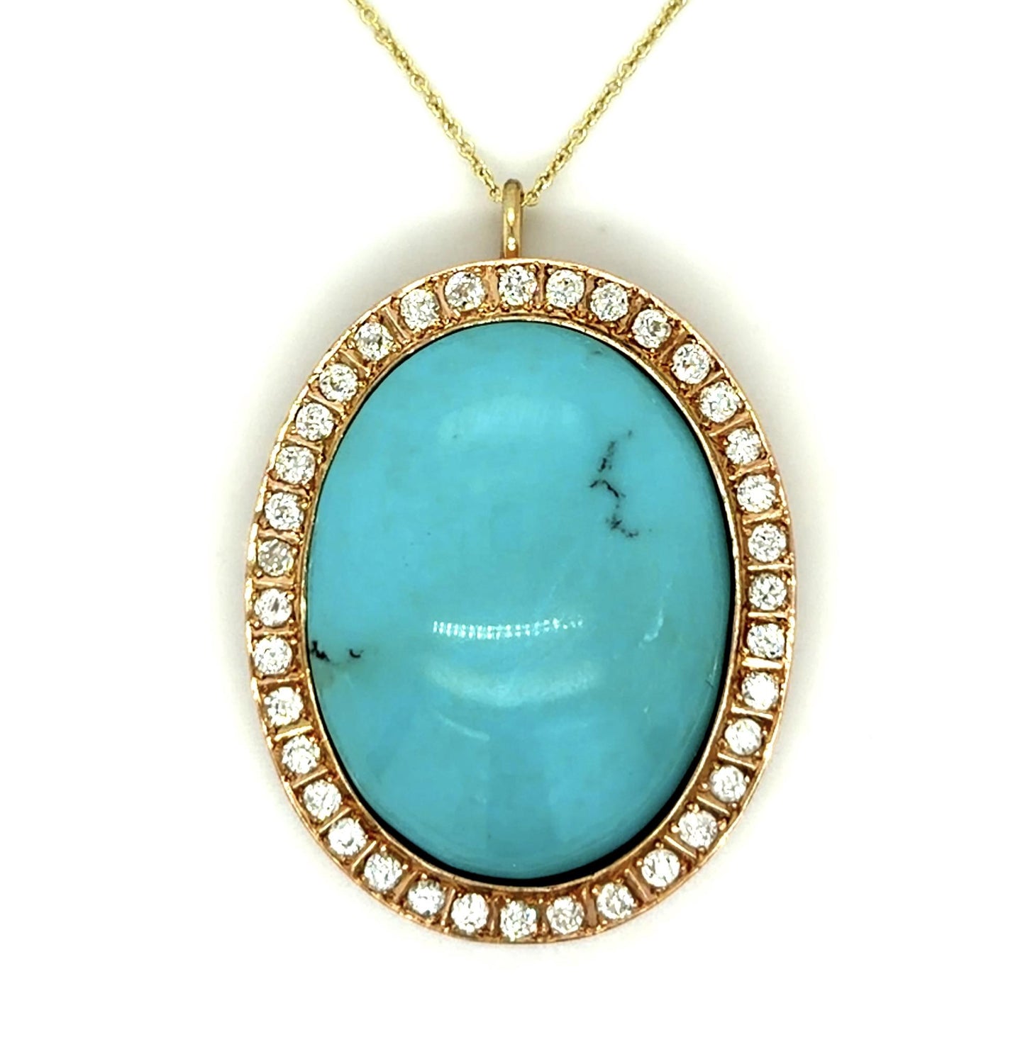 Victorian 52ct Turquoise 2.75ct Diamond 14K Rose Gold Pendant (Antique 1880s)