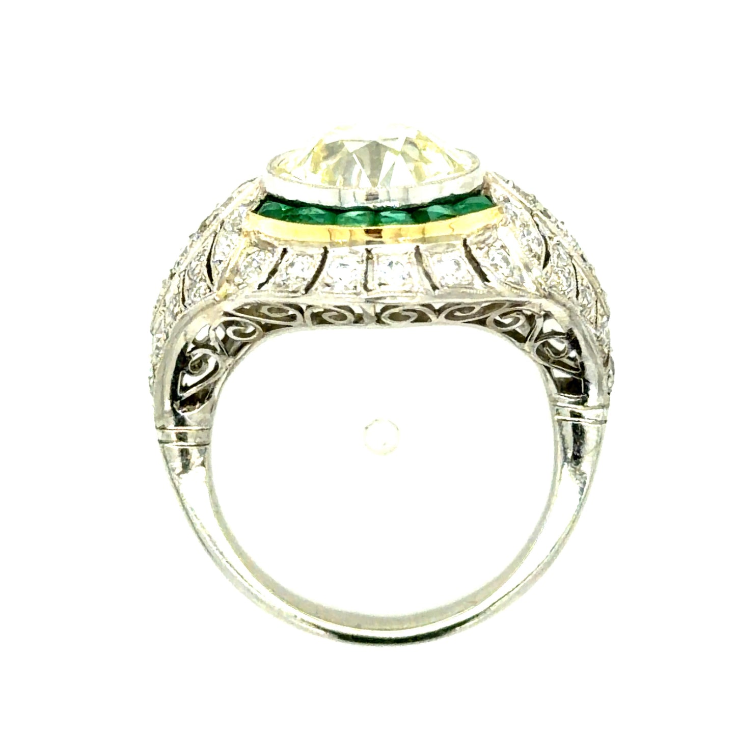 3.86ct Old European Diamond 1.87ct Emerald French-cut Platinum Handmade Ring
