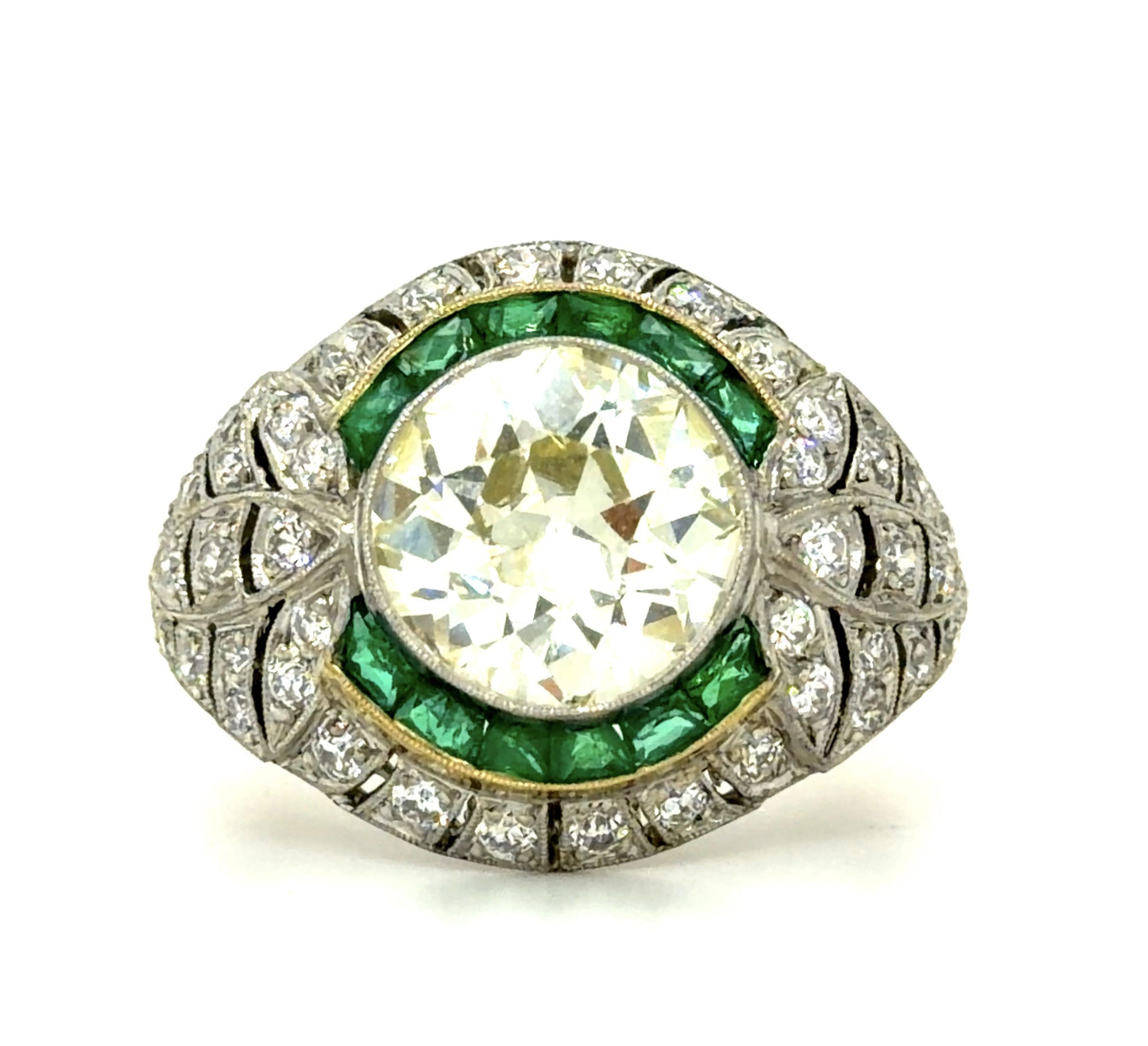 3.86ct Old European Diamond 1.87ct Emerald French-cut Platinum Handmade Ring