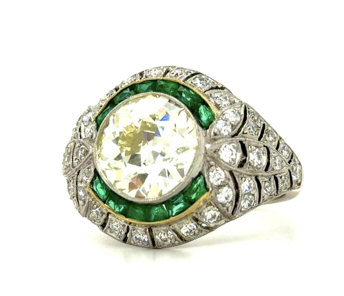3.86ct Old European Diamond 1.87ct Emerald French-cut Platinum Handmade Ring