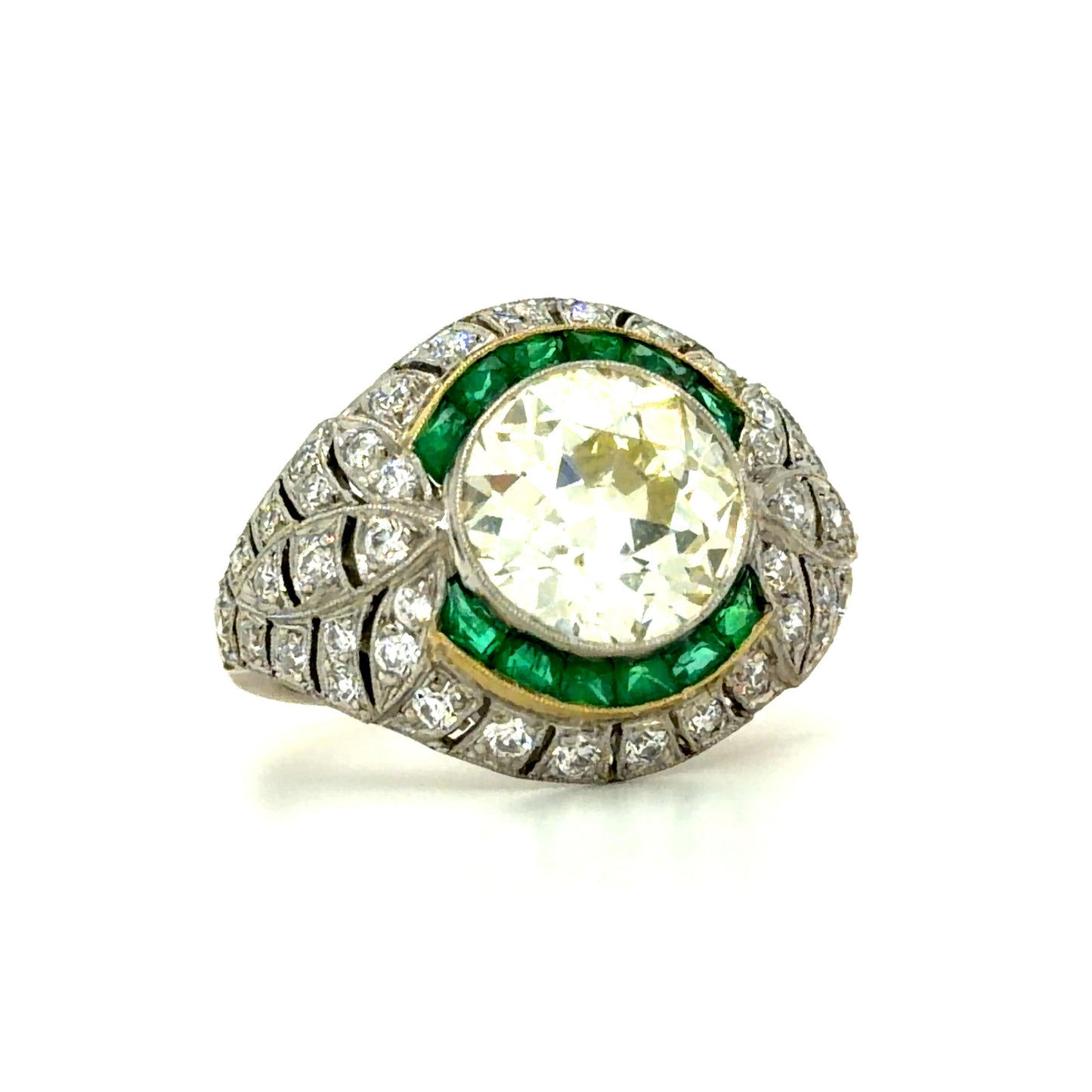 3.86ct Old European Diamond 1.87ct Emerald French-cut Platinum Handmade Ring