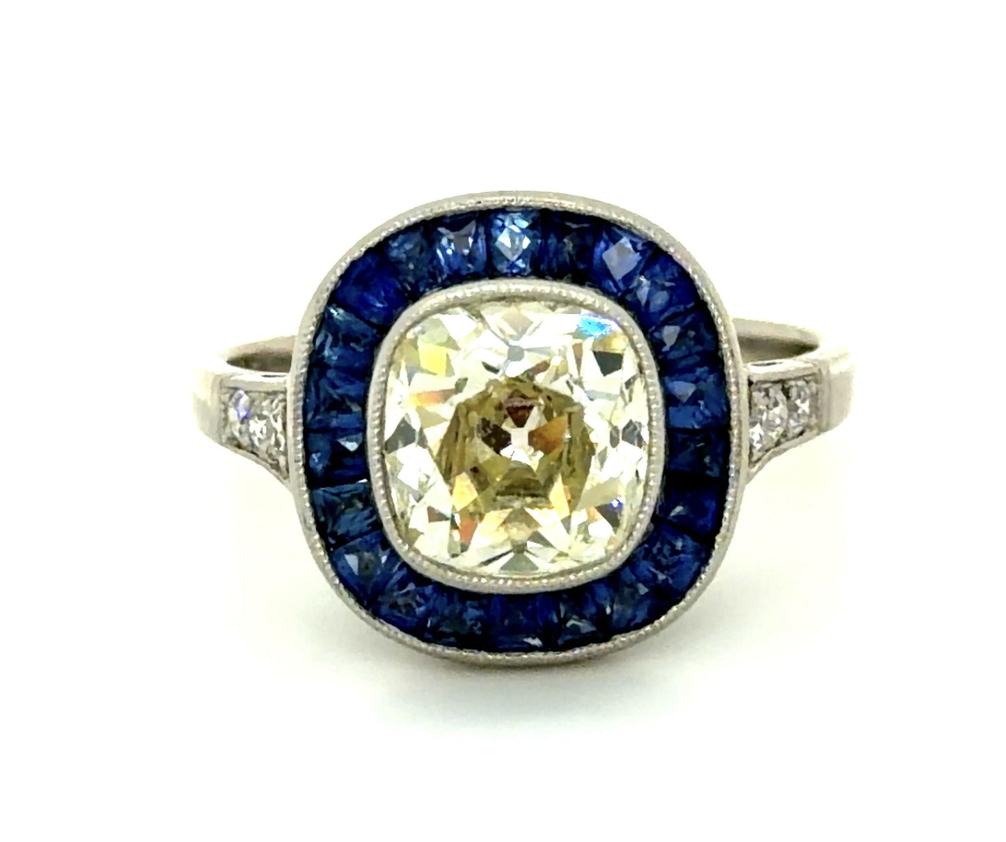 2.18ct Old Mine Cushion Diamond 1.47ct French-cut Sapphires Handmade PT Ring