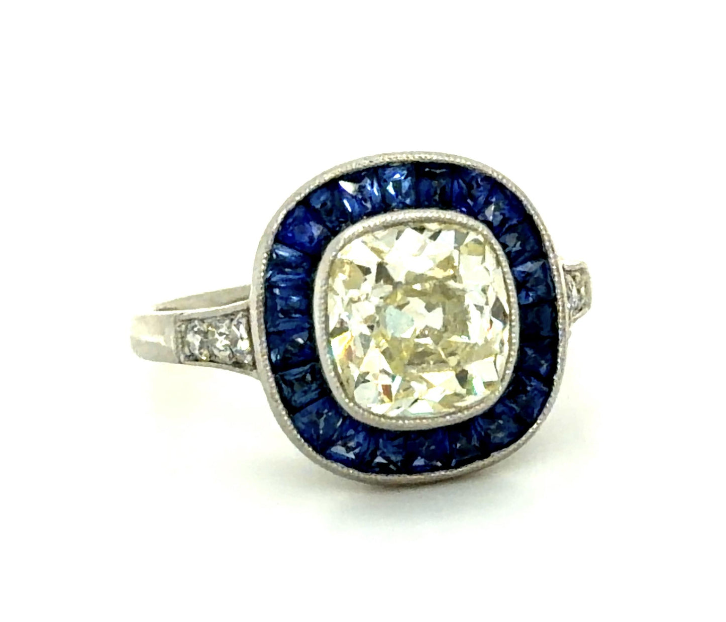 2.18ct Old Mine Cushion Diamond 1.47ct French-cut Sapphires Handmade PT Ring