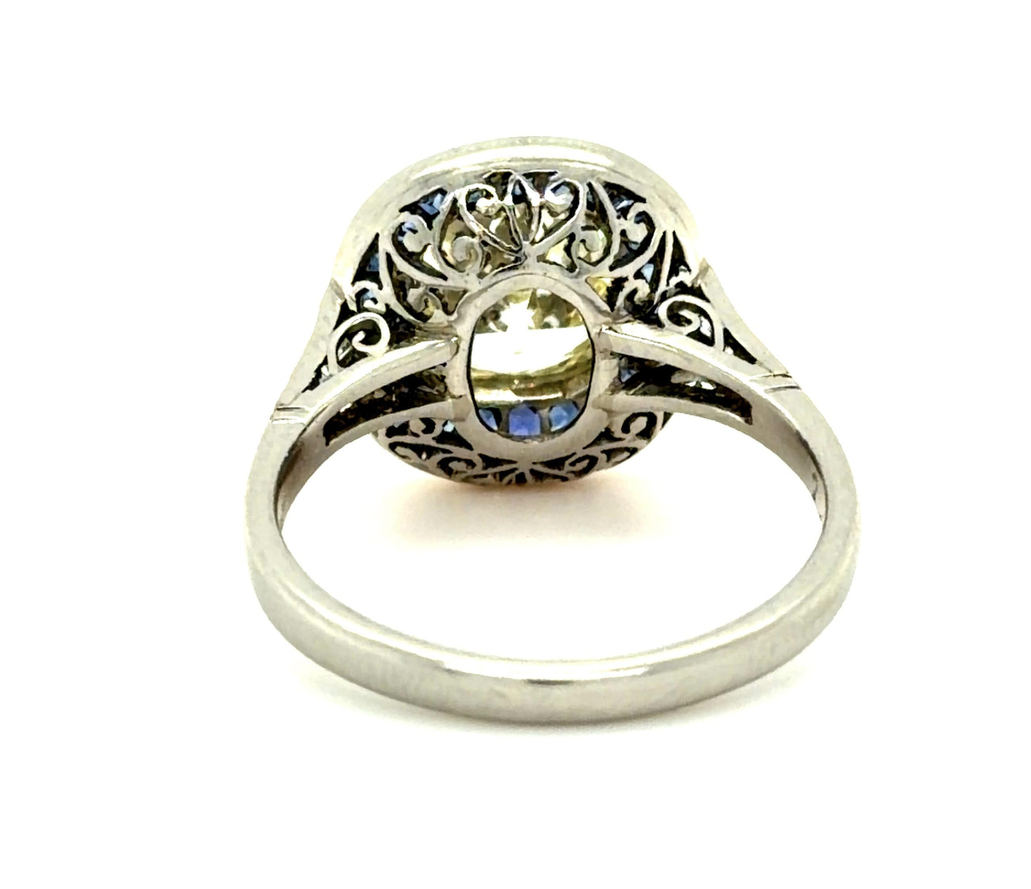 2.18ct Old Mine Cushion Diamond 1.47ct French-cut Sapphires Handmade PT Ring