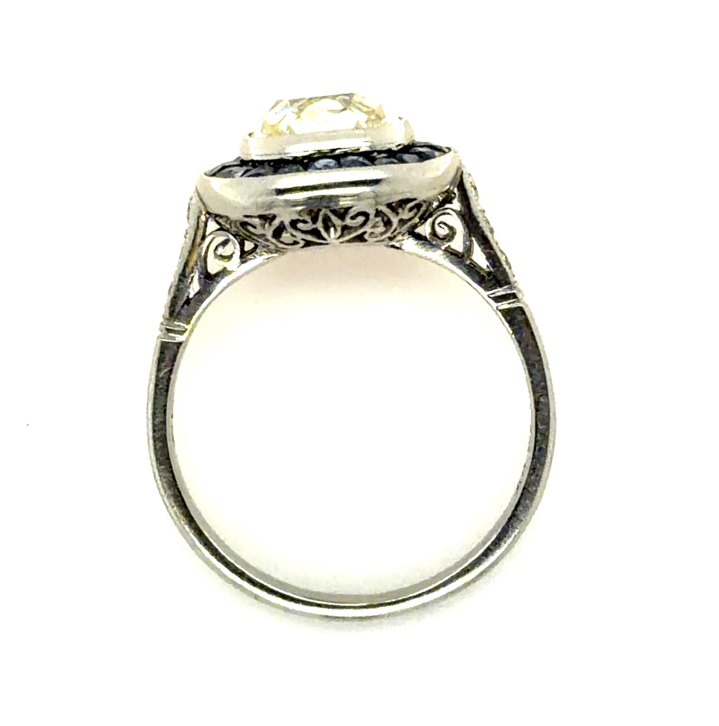 2.18ct Old Mine Cushion Diamond 1.47ct French-cut Sapphires Handmade PT Ring