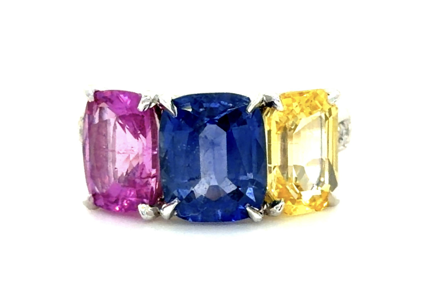2.58ct Blue Sapphire 2.05ct Pink Sapphire 1.90ct Yellow Sap PT Three Stone Ring