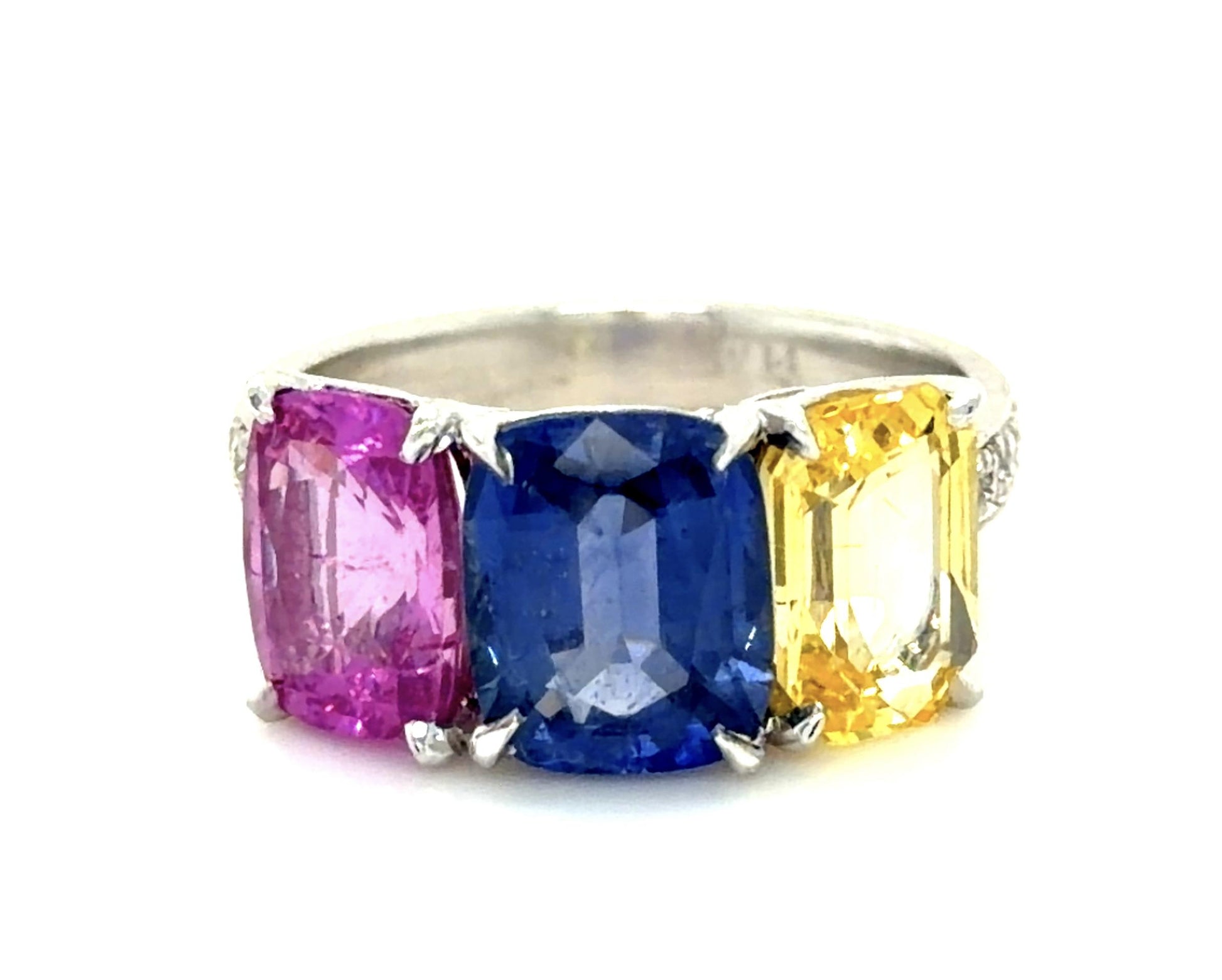2.58ct Blue Sapphire 2.05ct Pink Sapphire 1.90ct Yellow Sap PT Three Stone Ring