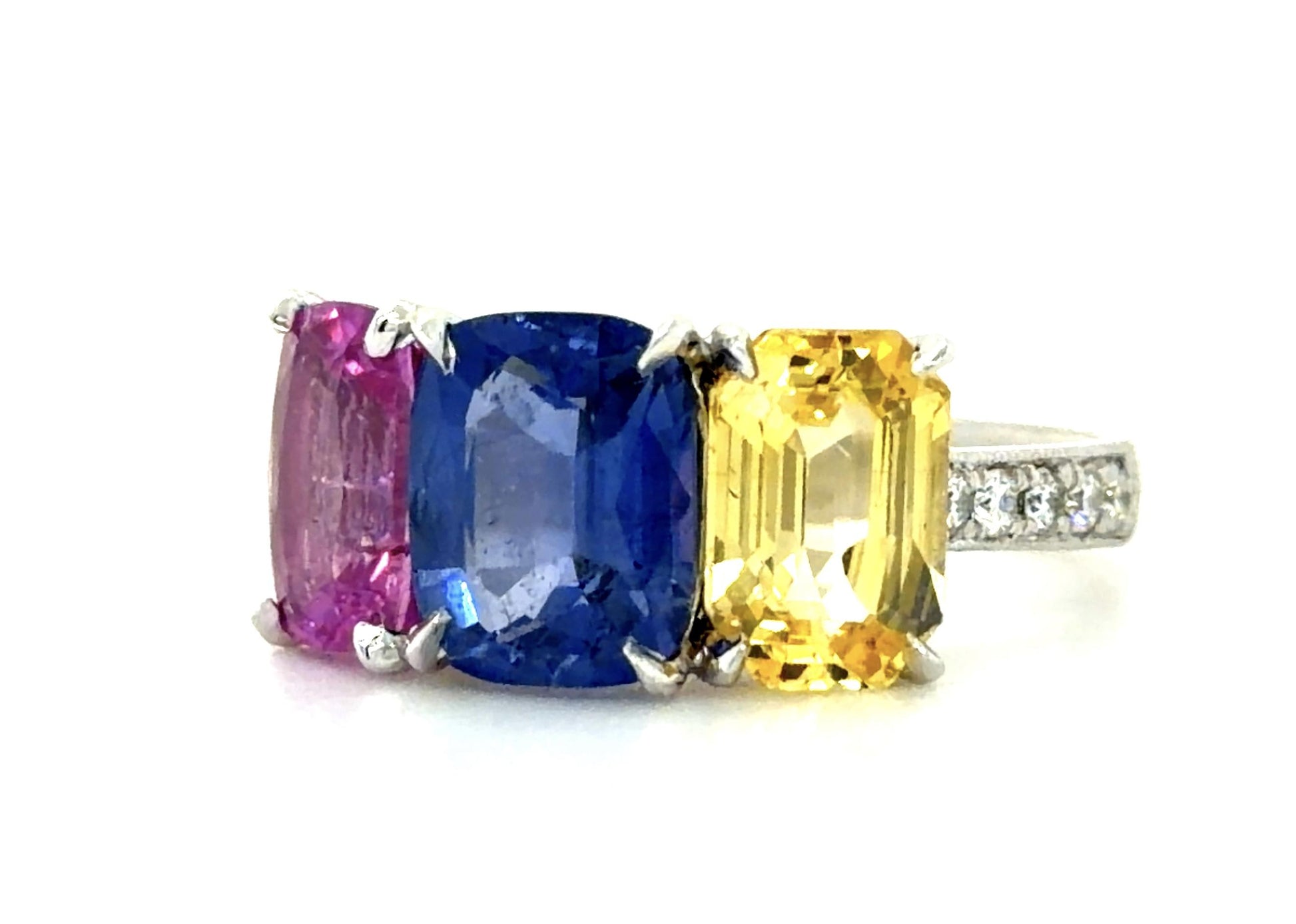 2.58ct Blue Sapphire 2.05ct Pink Sapphire 1.90ct Yellow Sap PT Three Stone Ring