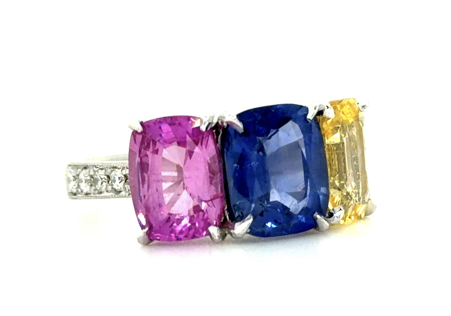 2.58ct Blue Sapphire 2.05ct Pink Sapphire 1.90ct Yellow Sap PT Three Stone Ring