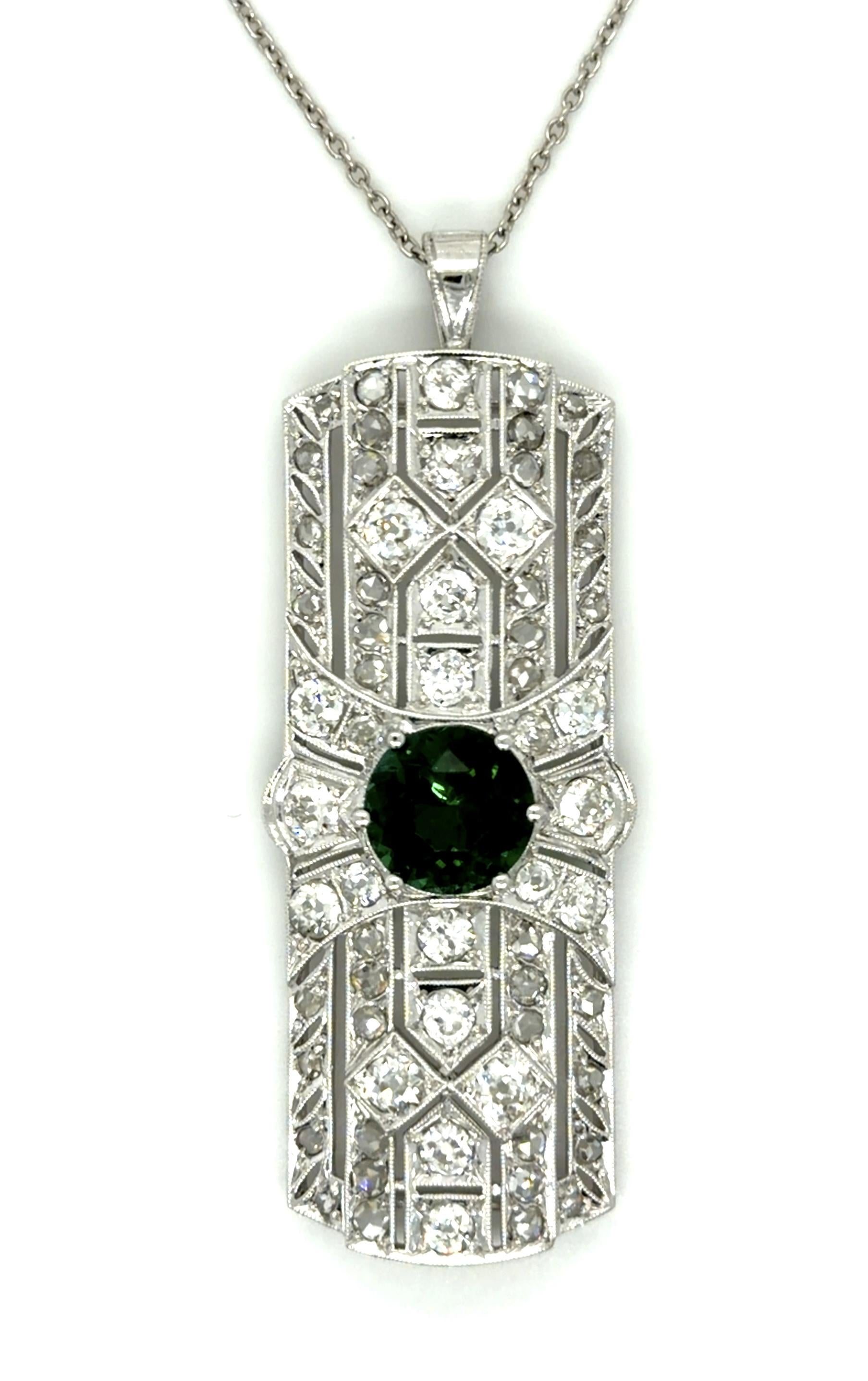 Art Deco 3.14ct Green Tourmaline 5ct Diamond Platinum Pendant (Antique 1920s)