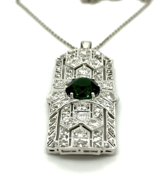 Art Deco 3.14ct Green Tourmaline 5ct Diamond Platinum Pendant (Antique 1920s)