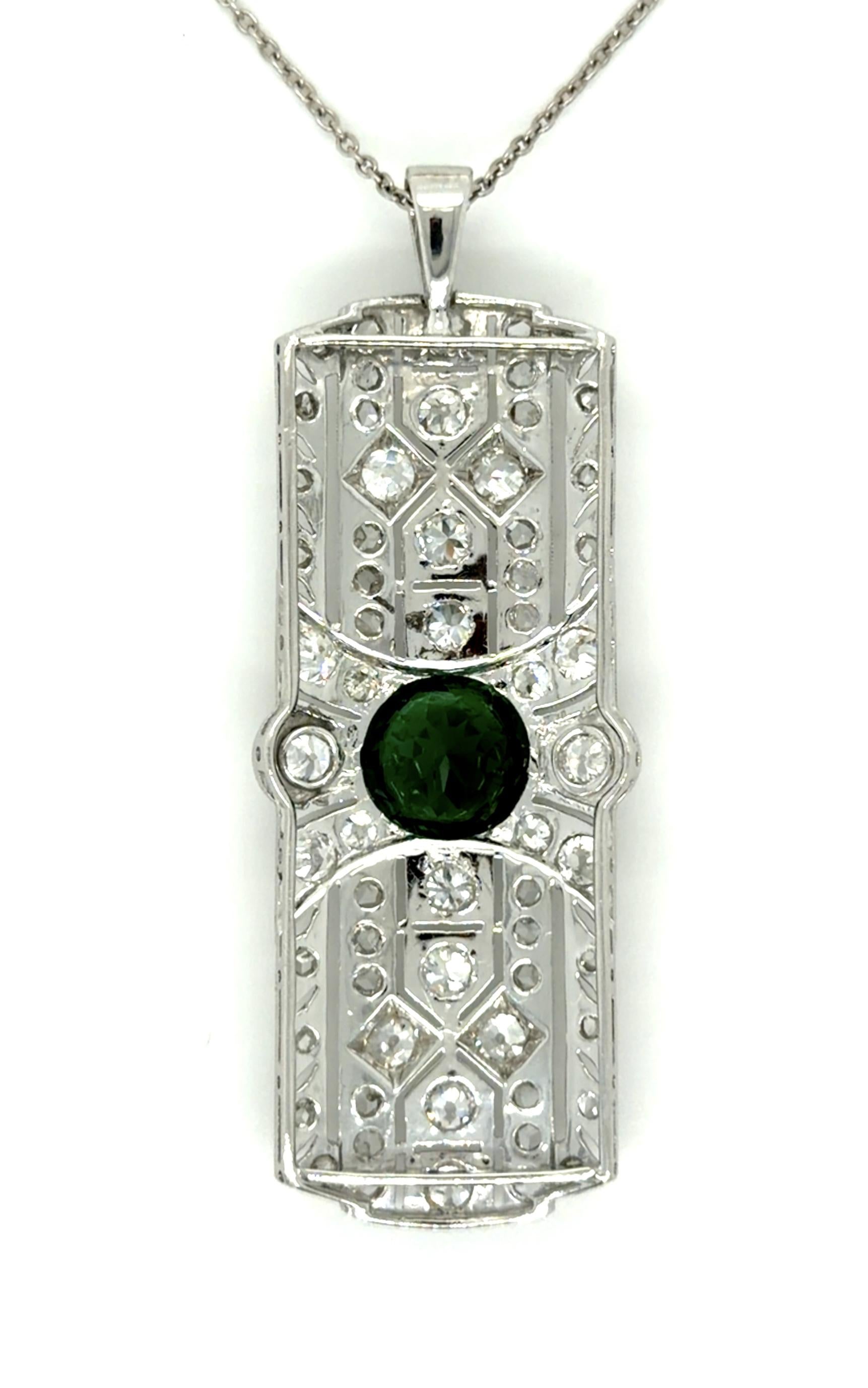 Art Deco 3.14ct Green Tourmaline 5ct Diamond Platinum Pendant (Antique 1920s)