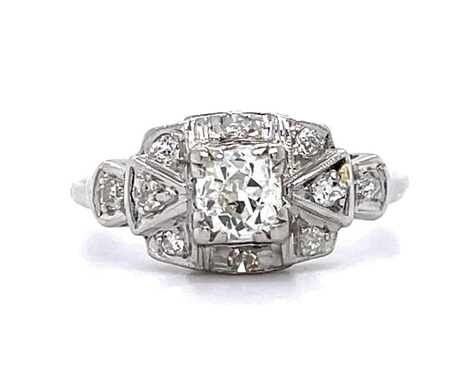 Art Deco .45ct Old European Center Diamond PT Ring (Vintage 1930s) .20ct SD