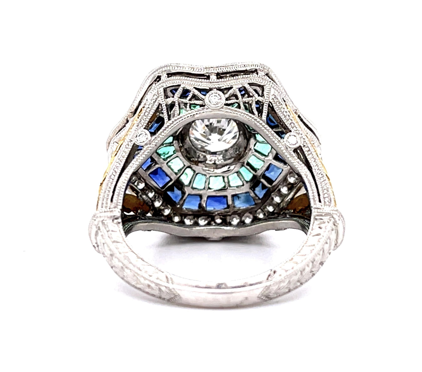 1.02ct H SI1 Diamond 2.63ct Emeralds+Sapphires .70ct Diamond PT+18KY Ring