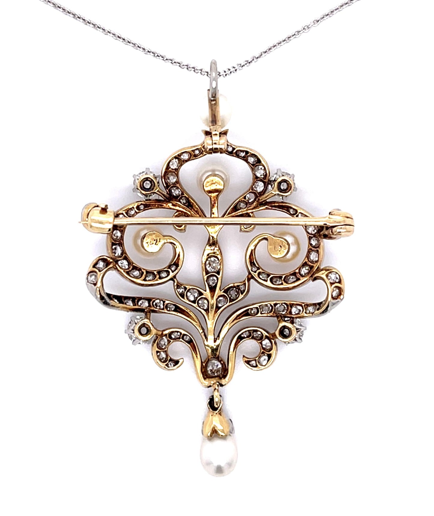 Original Edwardian .80ct (Four Euro Dia) Natural Pearl PT+18KY Pendant Brooch