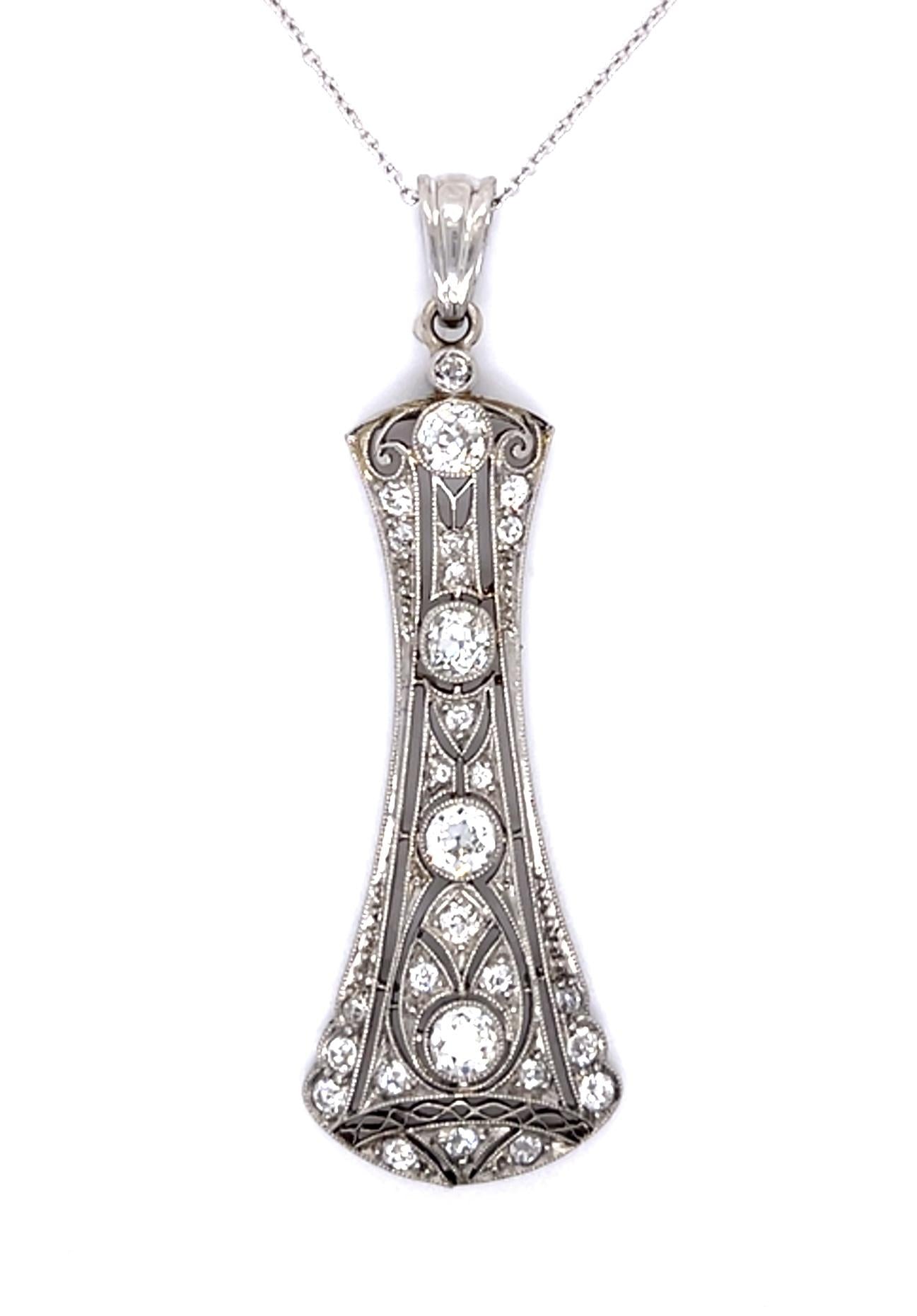 Original Art Deco 1ct Center Euro Diamonds PT Pendant (Antique 1920s) .80ct SD