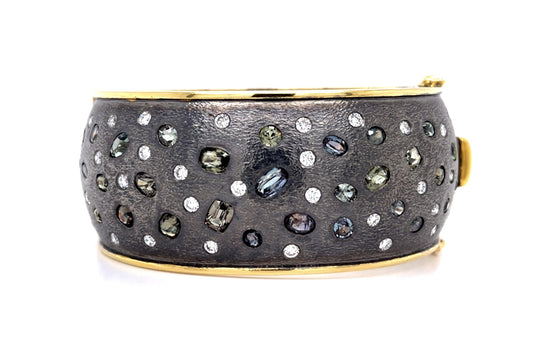 15.84ct Alexandrite 3ct Diamond 14KY+Gun Silver Finish Bangle Bracelet