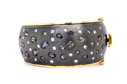 15.84ct Alexandrite 3ct Diamond 14KY+Gun Silver Finish Bangle Bracelet