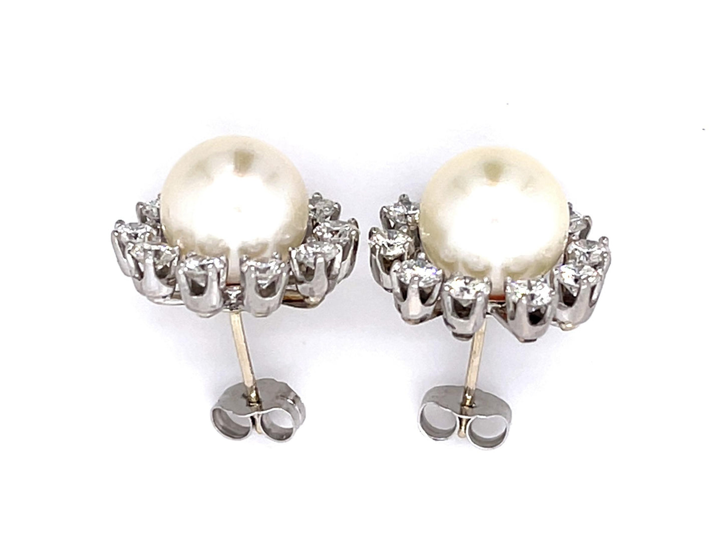 Pearl + 2.60ct Diamond 14KW Stud Earrings (Vintage 1960s)