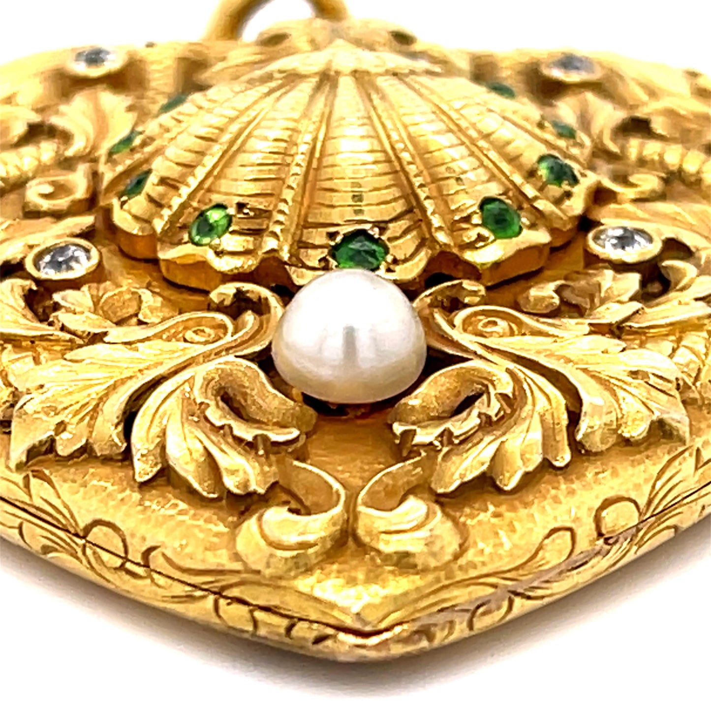 Original Victorian .40ct Dia .30ct Demantoid Garnet Ocean 14KY Locket Pendant