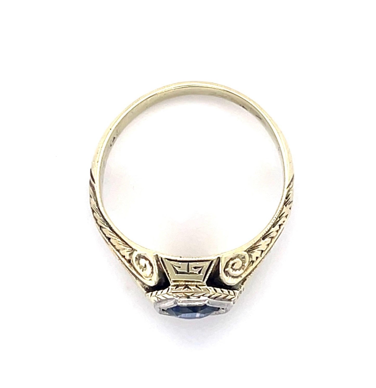 Original 1.26ct Round Sapphire 14KY Hand Engraved Men's Ring (Antique 1920s)
