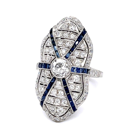 .60ct Old Mine Cut Diamond .90ct Sapphires Platinum Handmade Ring