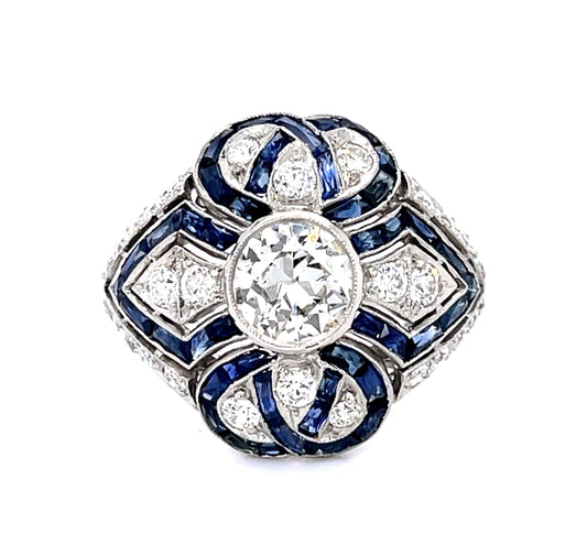 .90ct Old European Diamond 3.39ct Calibre-set Sapphire Platinum Handmade Ring