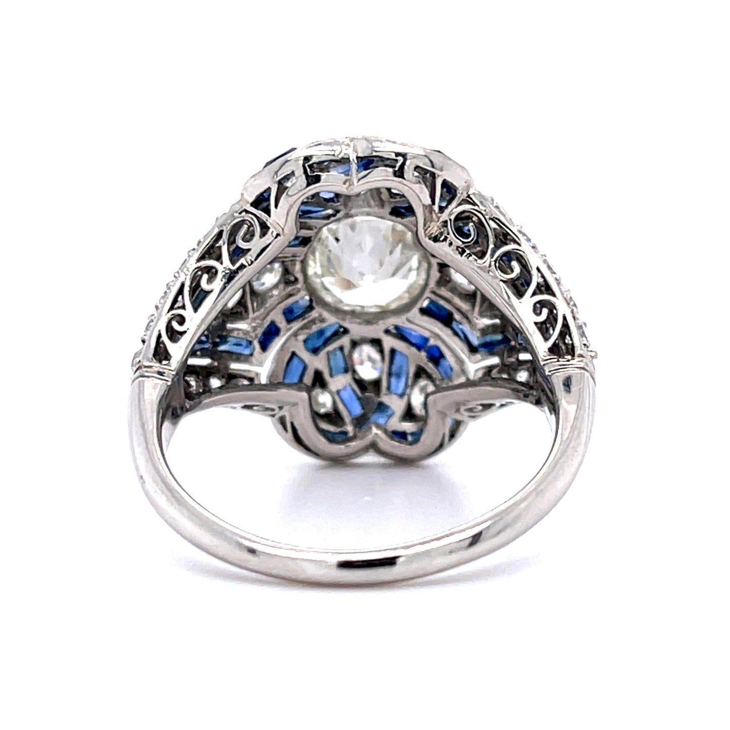 .90ct Old European Diamond 3.39ct Calibre-set Sapphire Platinum Handmade Ring