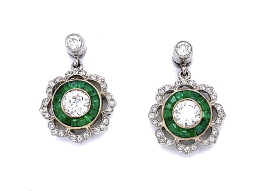 .89ct Old European Diamond 1.06ct Calibre-cut Emeralds Platinum+18KY Earrings