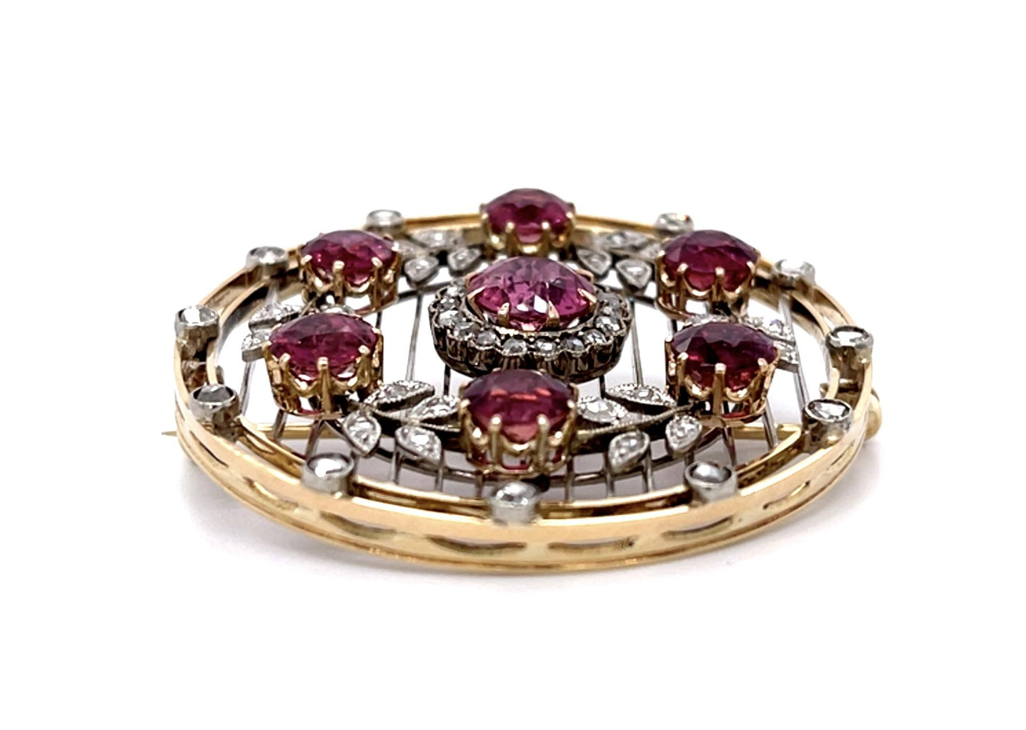 Edwardian 8ct Pink Tourmaline 1ct Rose-cut Diamond PT+14KY Flower Wreath Brooch