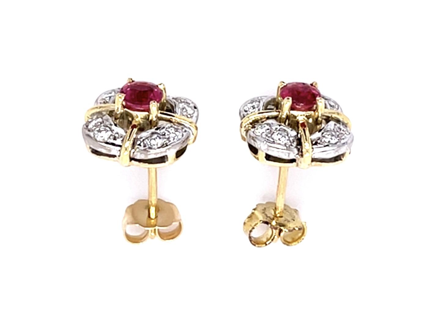 .60ct Ruby .24ct Diamond 18K 2 Tone Gold Stud Earrings