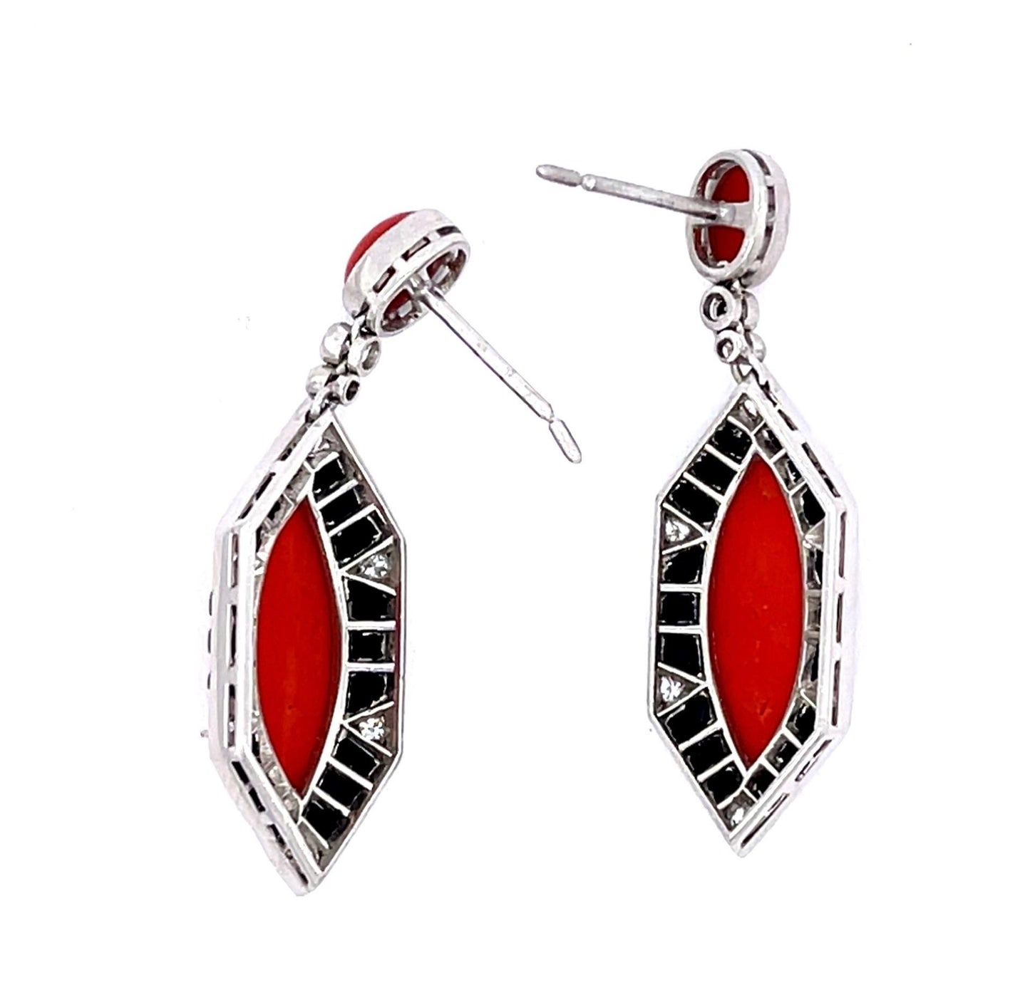 14ct (Two Corals) 36 Onyx pieces Platinum Handmade Drop Earrings