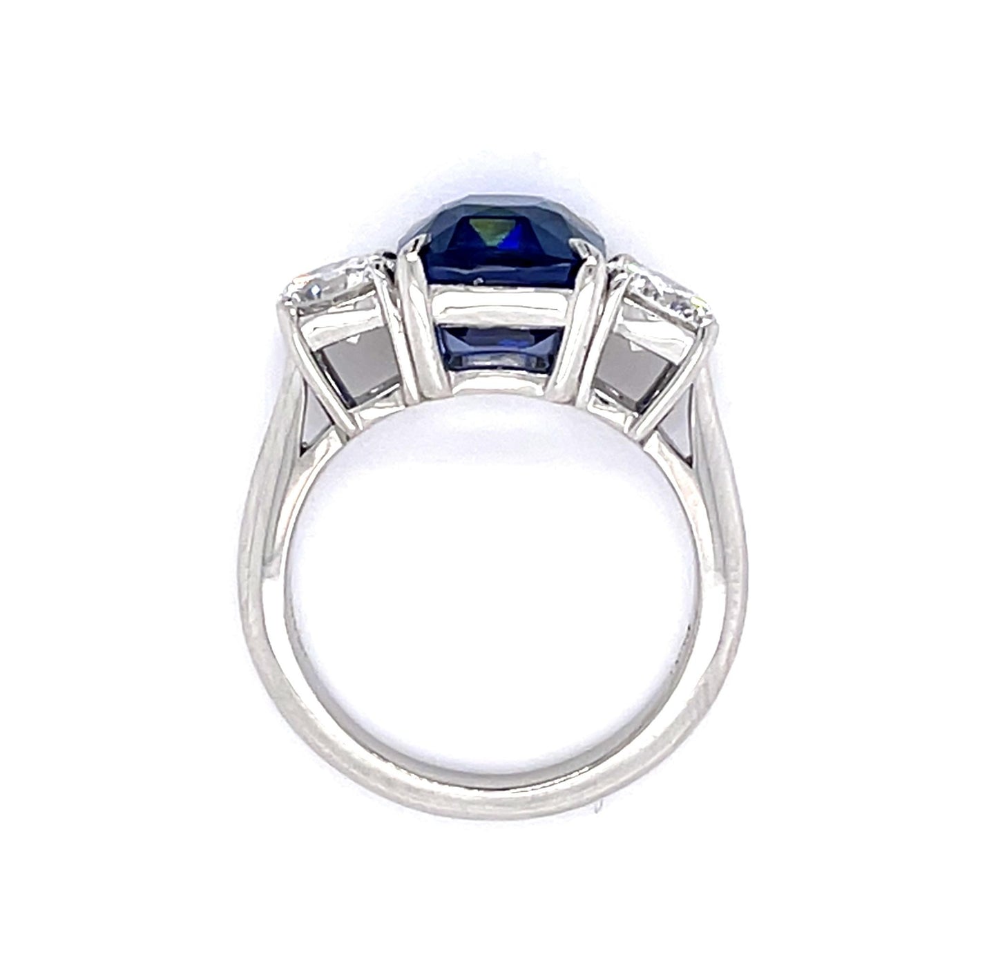 4.05ct Cushion Heated Sapphire Platinum Three Stone Ring