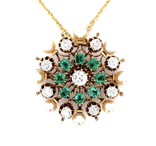 Original Victorian 1.50ct Old European Diamond 1ct Emerald 14KY Pendant Brooch