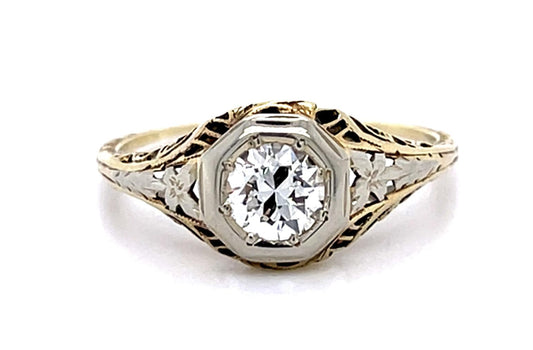 Original Art Deco .38ct Euro Diamond 14K 2 Tone Ring (Antique 1920s)