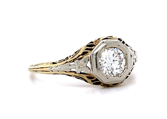 Original Art Deco .38ct Euro Diamond 14K 2 Tone Ring (Antique 1920s)