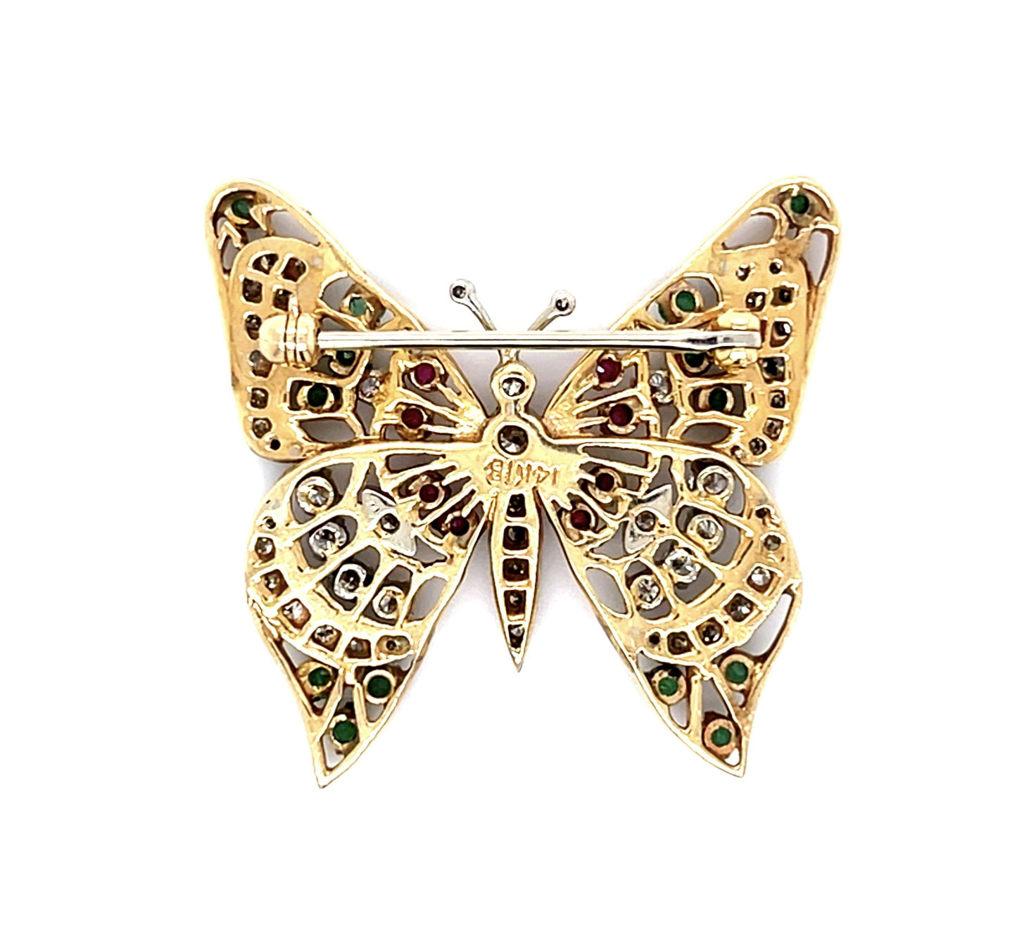 1.20ct (55 Diamond) .75ct Eme + Ruby 14KY Butterfly Brooch (Vintage 1960s)