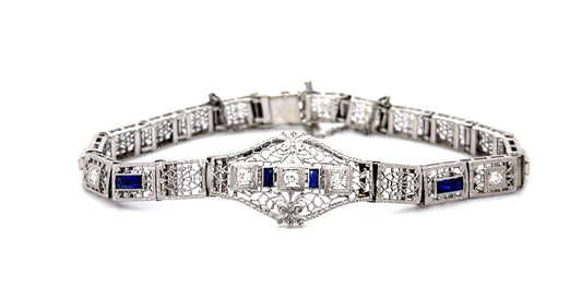 Original Art Deco .33ct Euro Diamond 14KW+Platinum Filigree Bracelet
