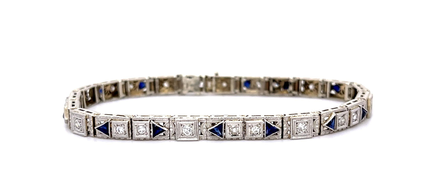 Original Art Deco .80ct Euro Diamond 14KW + Platinum Bracelet (Vintage 1930s)