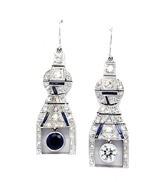 Art Deco .65ct Euro Diamond .70ct Sapphire 14KW Drop Earrings (Vintage 1930s)