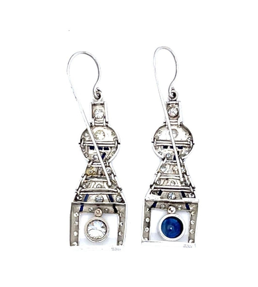 Art Deco .65ct Euro Diamond .70ct Sapphire 14KW Drop Earrings (Vintage 1930s)